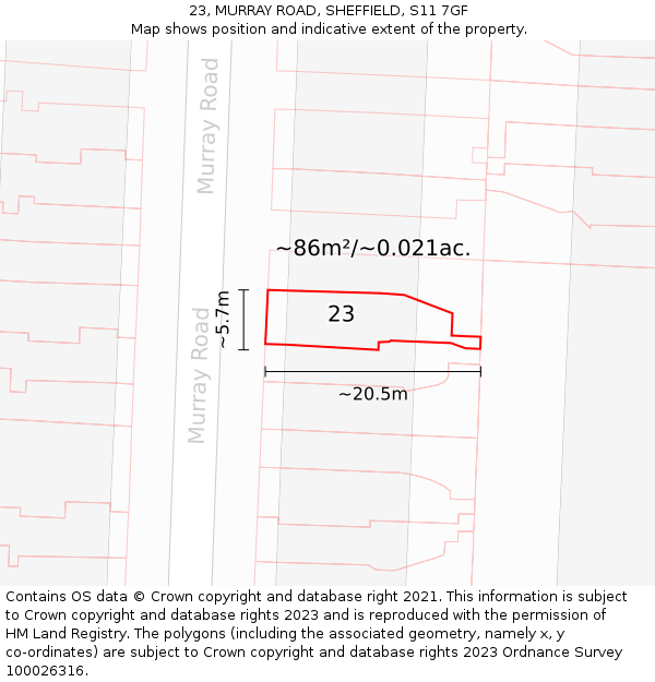 23, MURRAY ROAD, SHEFFIELD, S11 7GF: Plot and title map