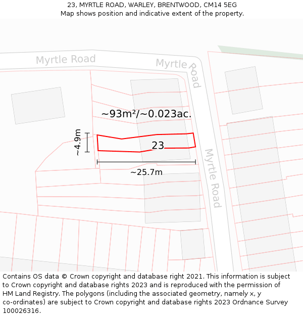 23, MYRTLE ROAD, WARLEY, BRENTWOOD, CM14 5EG: Plot and title map