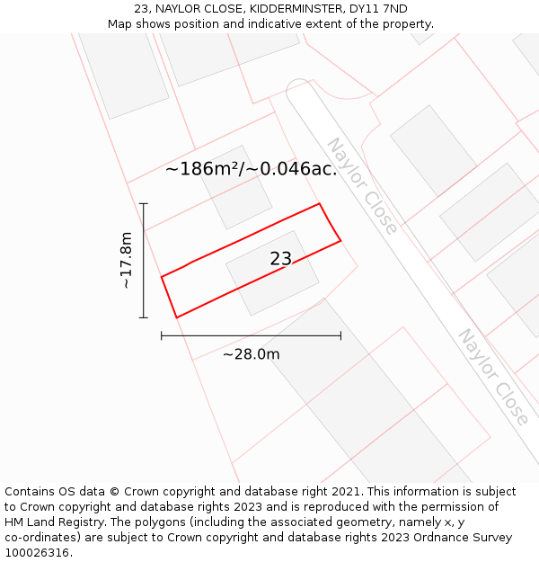 23, NAYLOR CLOSE, KIDDERMINSTER, DY11 7ND: Plot and title map