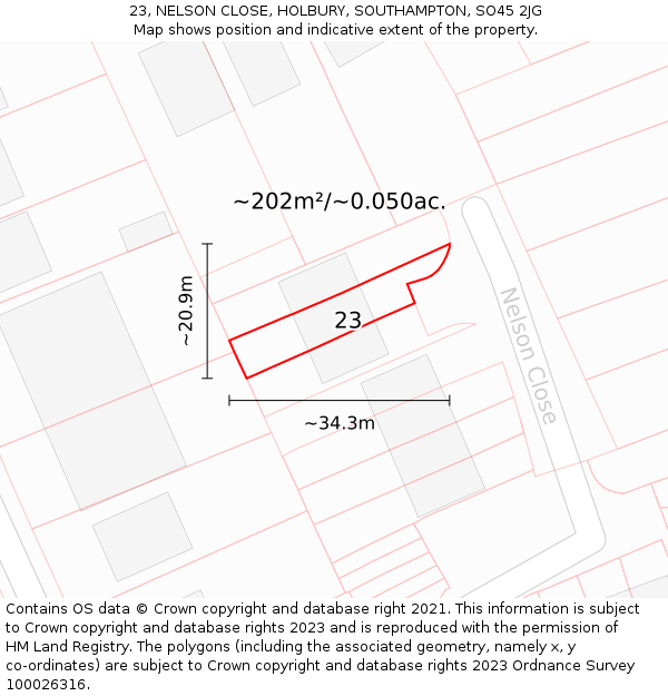 23, NELSON CLOSE, HOLBURY, SOUTHAMPTON, SO45 2JG: Plot and title map