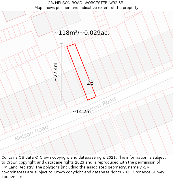 23, NELSON ROAD, WORCESTER, WR2 5BL: Plot and title map