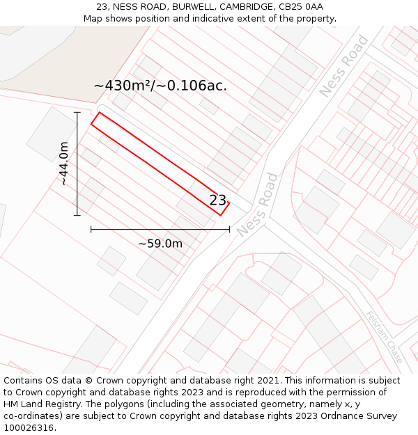 23, NESS ROAD, BURWELL, CAMBRIDGE, CB25 0AA: Plot and title map