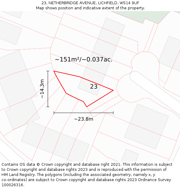 23, NETHERBRIDGE AVENUE, LICHFIELD, WS14 9UF: Plot and title map