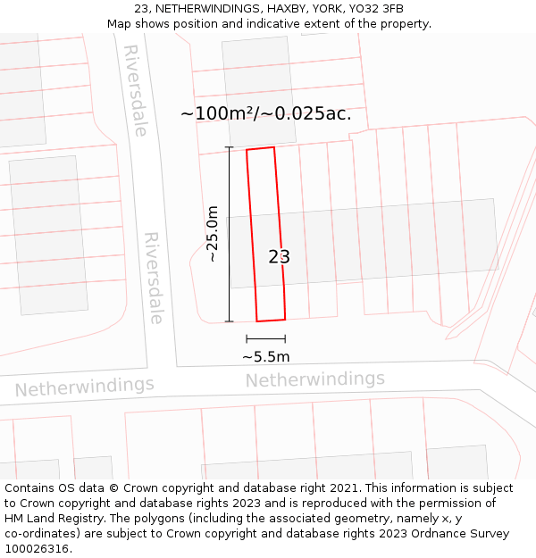 23, NETHERWINDINGS, HAXBY, YORK, YO32 3FB: Plot and title map