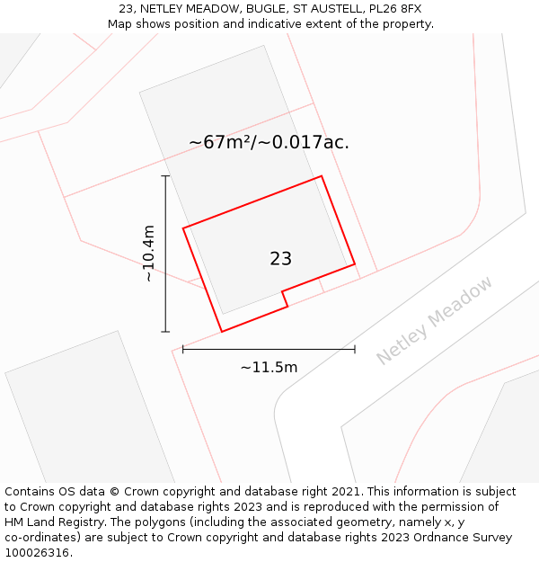 23, NETLEY MEADOW, BUGLE, ST AUSTELL, PL26 8FX: Plot and title map