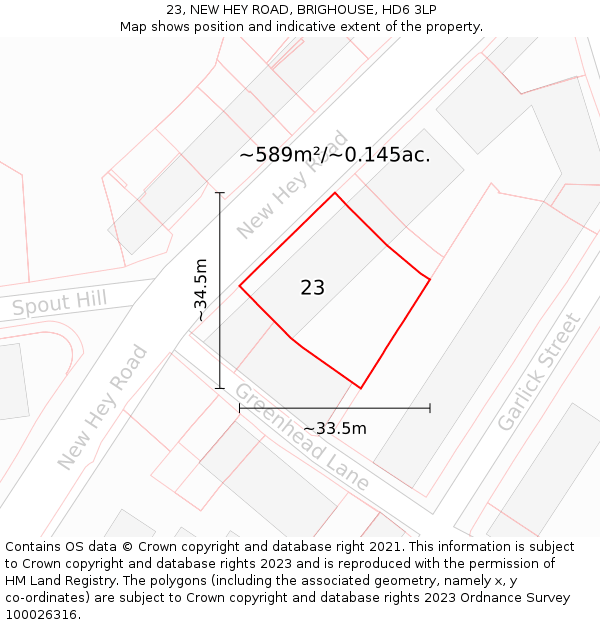 23, NEW HEY ROAD, BRIGHOUSE, HD6 3LP: Plot and title map