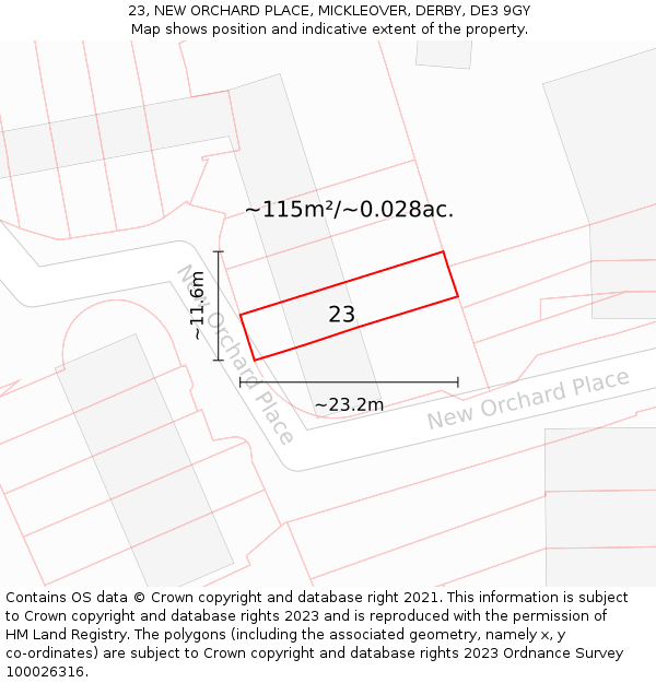 23, NEW ORCHARD PLACE, MICKLEOVER, DERBY, DE3 9GY: Plot and title map