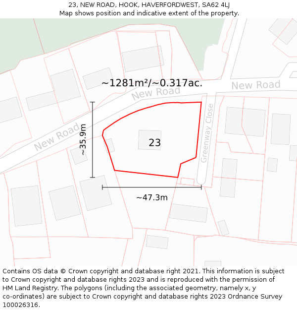23, NEW ROAD, HOOK, HAVERFORDWEST, SA62 4LJ: Plot and title map