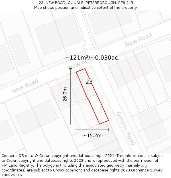 23, NEW ROAD, OUNDLE, PETERBOROUGH, PE8 4LB: Plot and title map