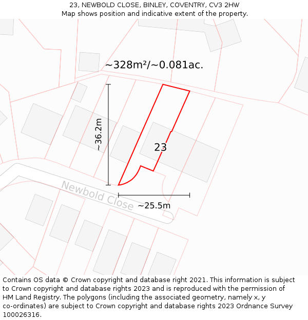 23, NEWBOLD CLOSE, BINLEY, COVENTRY, CV3 2HW: Plot and title map