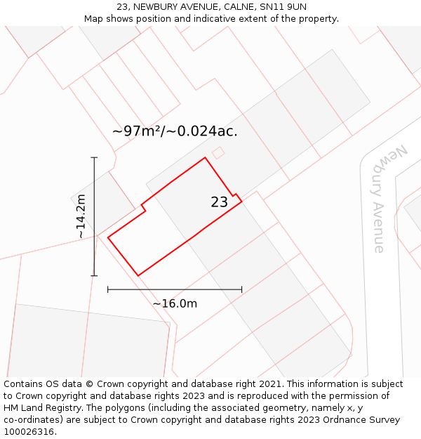 23, NEWBURY AVENUE, CALNE, SN11 9UN: Plot and title map