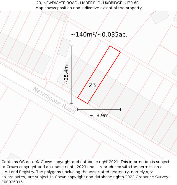 23, NEWDIGATE ROAD, HAREFIELD, UXBRIDGE, UB9 6EH: Plot and title map