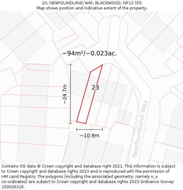 23, NEWFOUNDLAND WAY, BLACKWOOD, NP12 1FS: Plot and title map