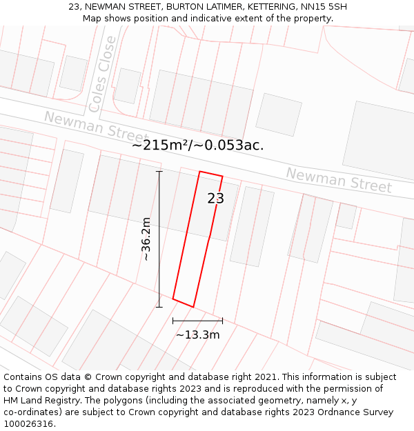 23, NEWMAN STREET, BURTON LATIMER, KETTERING, NN15 5SH: Plot and title map