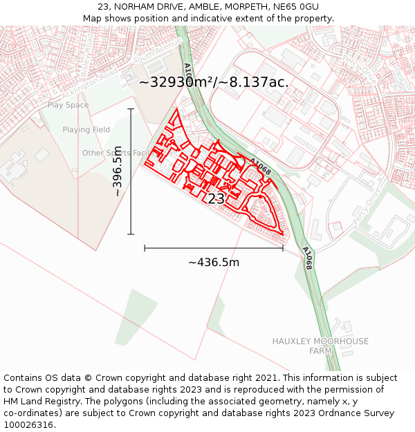 23, NORHAM DRIVE, AMBLE, MORPETH, NE65 0GU: Plot and title map