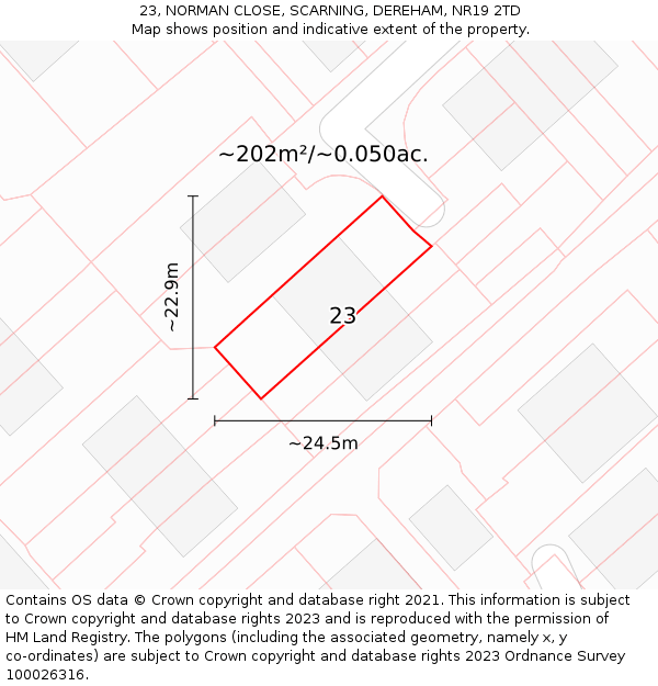 23, NORMAN CLOSE, SCARNING, DEREHAM, NR19 2TD: Plot and title map