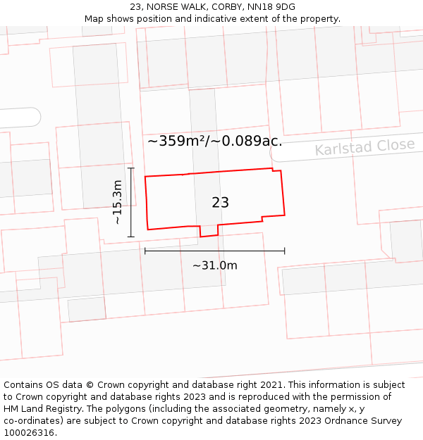 23, NORSE WALK, CORBY, NN18 9DG: Plot and title map