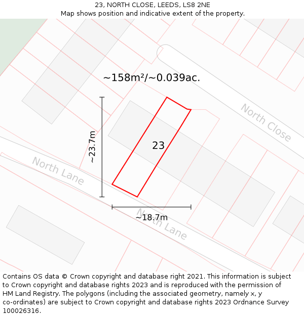 23, NORTH CLOSE, LEEDS, LS8 2NE: Plot and title map