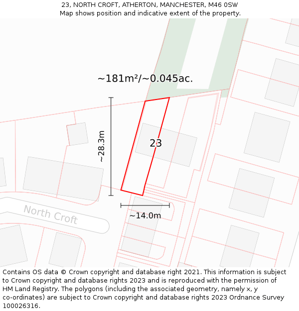 23, NORTH CROFT, ATHERTON, MANCHESTER, M46 0SW: Plot and title map