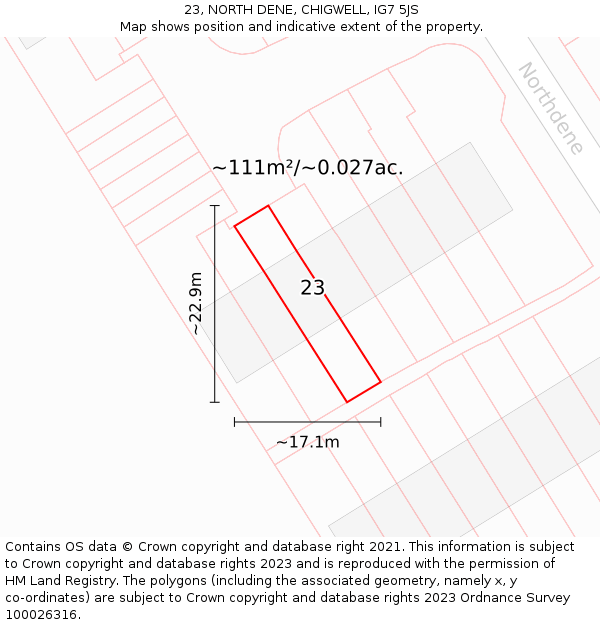 23, NORTH DENE, CHIGWELL, IG7 5JS: Plot and title map
