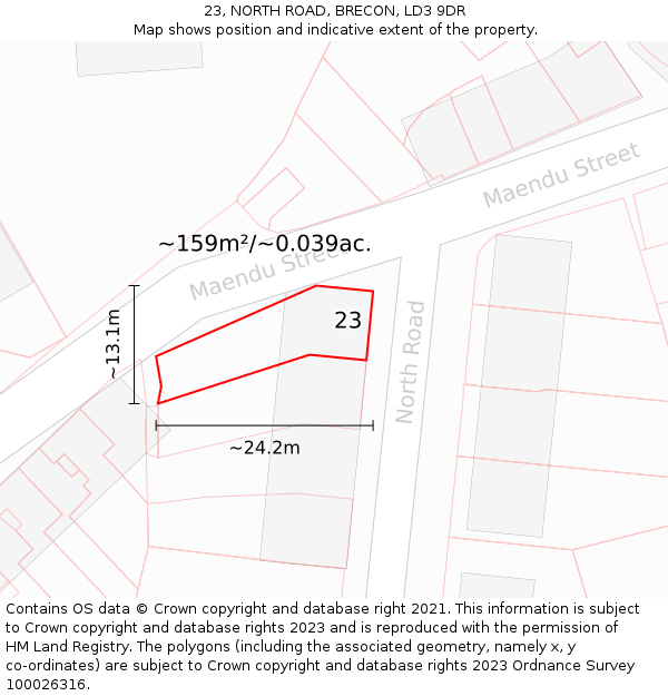 23, NORTH ROAD, BRECON, LD3 9DR: Plot and title map
