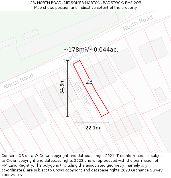 23, NORTH ROAD, MIDSOMER NORTON, RADSTOCK, BA3 2QB: Plot and title map