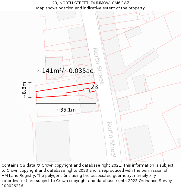23, NORTH STREET, DUNMOW, CM6 1AZ: Plot and title map