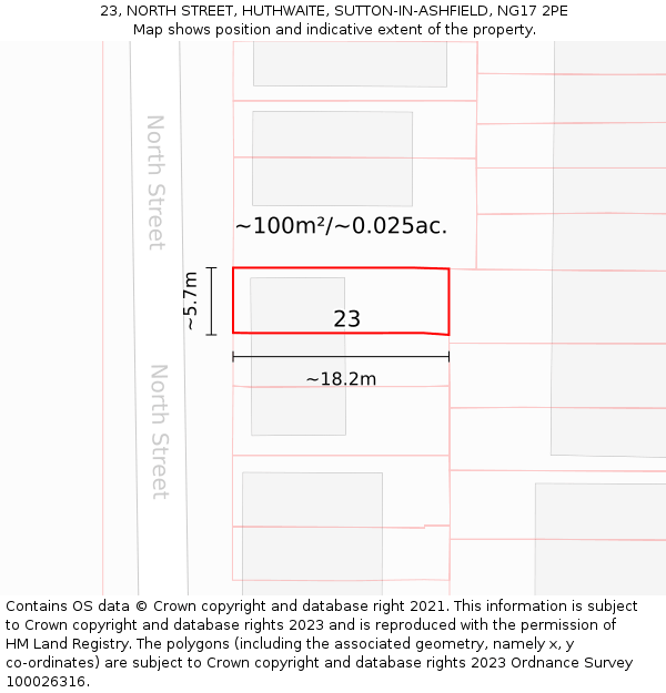 23, NORTH STREET, HUTHWAITE, SUTTON-IN-ASHFIELD, NG17 2PE: Plot and title map
