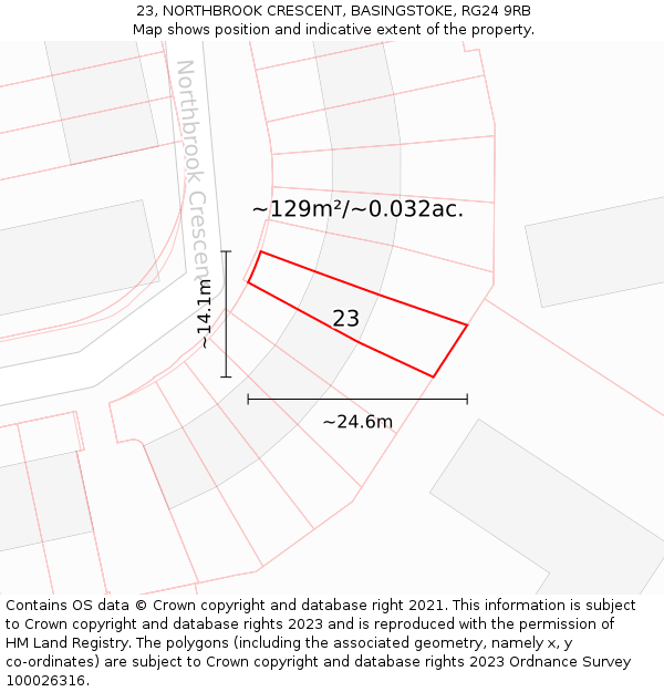 23, NORTHBROOK CRESCENT, BASINGSTOKE, RG24 9RB: Plot and title map
