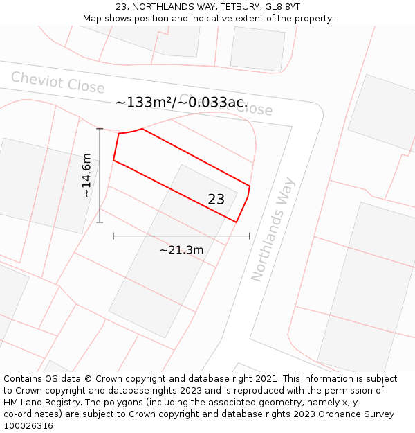 23, NORTHLANDS WAY, TETBURY, GL8 8YT: Plot and title map
