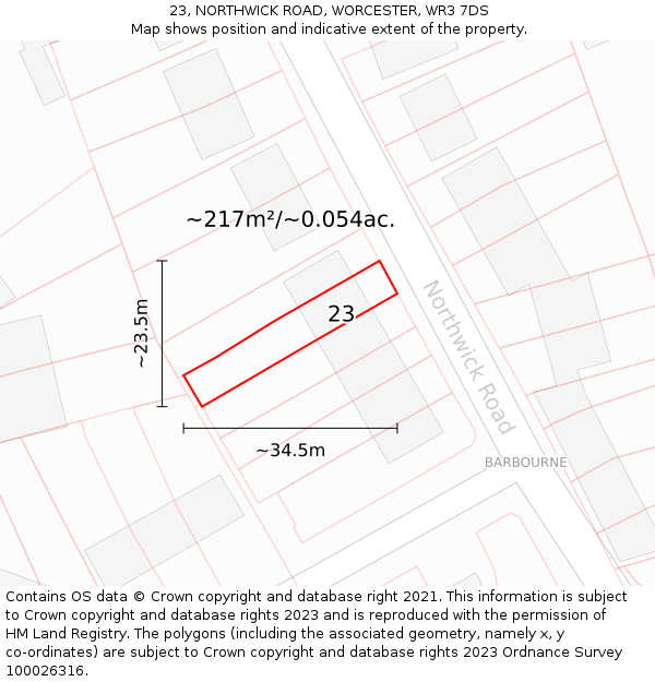 23, NORTHWICK ROAD, WORCESTER, WR3 7DS: Plot and title map
