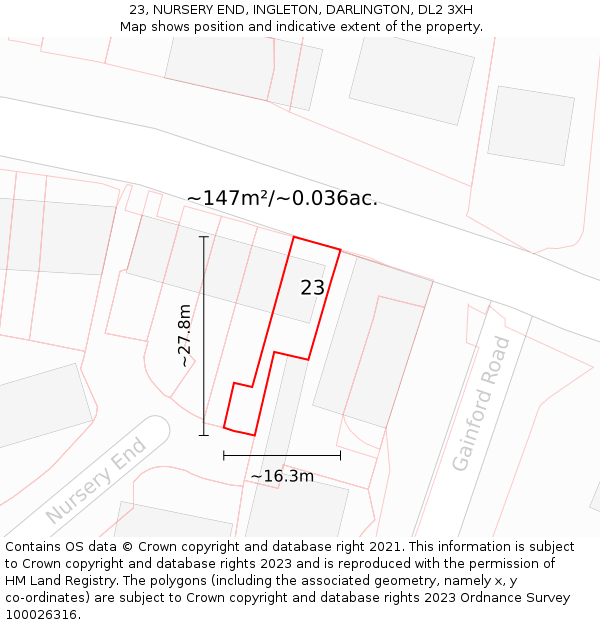 23, NURSERY END, INGLETON, DARLINGTON, DL2 3XH: Plot and title map