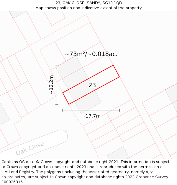 23, OAK CLOSE, SANDY, SG19 1QD: Plot and title map
