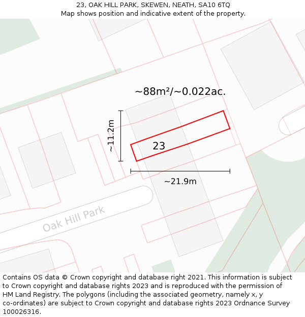 23, OAK HILL PARK, SKEWEN, NEATH, SA10 6TQ: Plot and title map