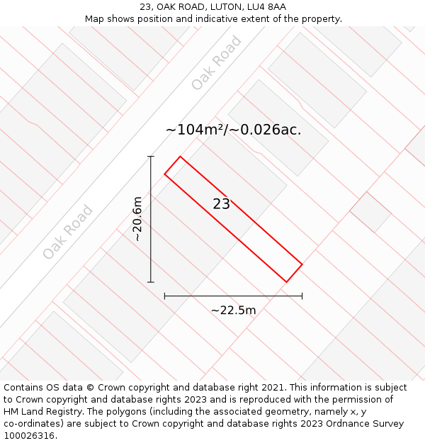 23, OAK ROAD, LUTON, LU4 8AA: Plot and title map