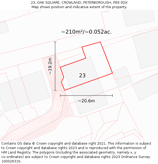 23, OAK SQUARE, CROWLAND, PETERBOROUGH, PE6 0DX: Plot and title map