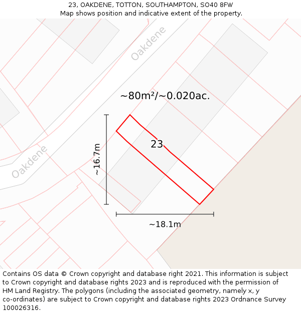 23, OAKDENE, TOTTON, SOUTHAMPTON, SO40 8FW: Plot and title map