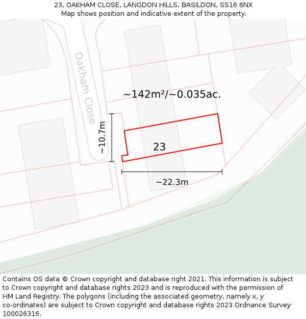 23, OAKHAM CLOSE, LANGDON HILLS, BASILDON, SS16 6NX: Plot and title map