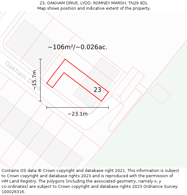 23, OAKHAM DRIVE, LYDD, ROMNEY MARSH, TN29 9DL: Plot and title map