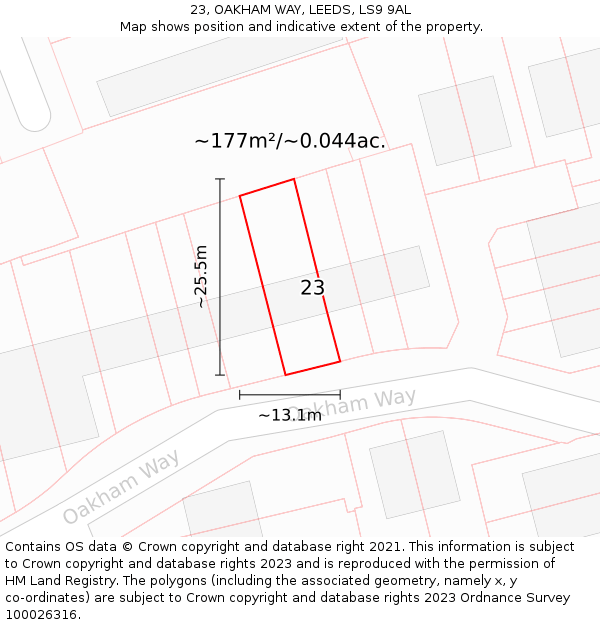 23, OAKHAM WAY, LEEDS, LS9 9AL: Plot and title map