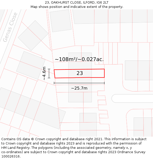 23, OAKHURST CLOSE, ILFORD, IG6 2LT: Plot and title map