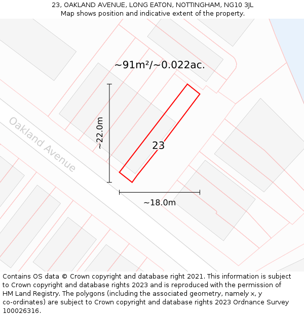 23, OAKLAND AVENUE, LONG EATON, NOTTINGHAM, NG10 3JL: Plot and title map