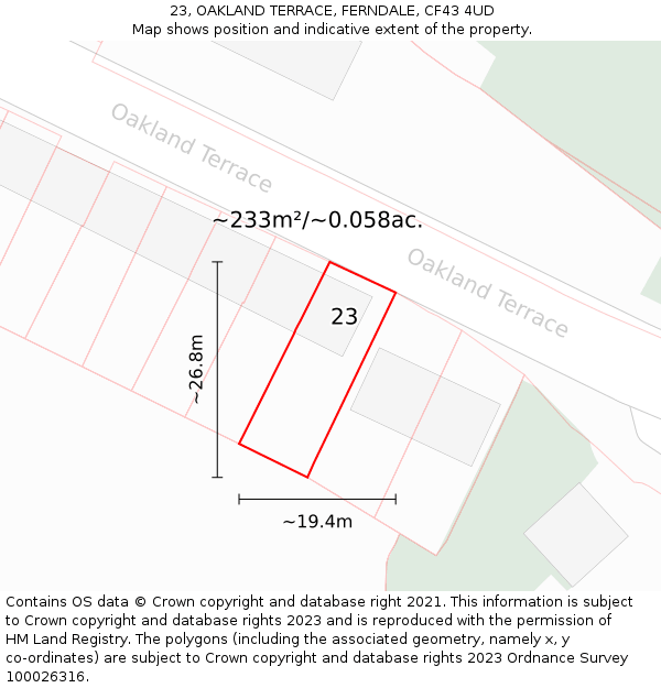 23, OAKLAND TERRACE, FERNDALE, CF43 4UD: Plot and title map
