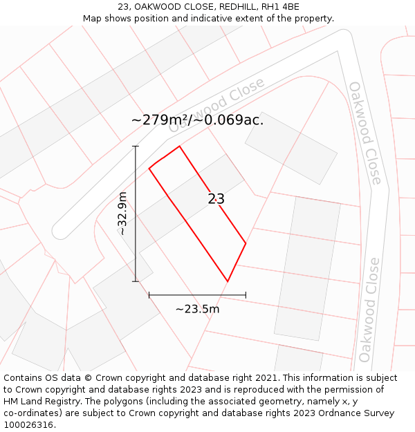 23, OAKWOOD CLOSE, REDHILL, RH1 4BE: Plot and title map