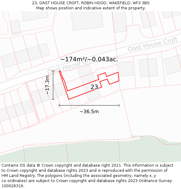 23, OAST HOUSE CROFT, ROBIN HOOD, WAKEFIELD, WF3 3BS: Plot and title map