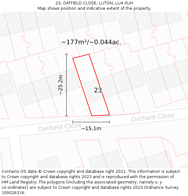23, OATFIELD CLOSE, LUTON, LU4 0UH: Plot and title map