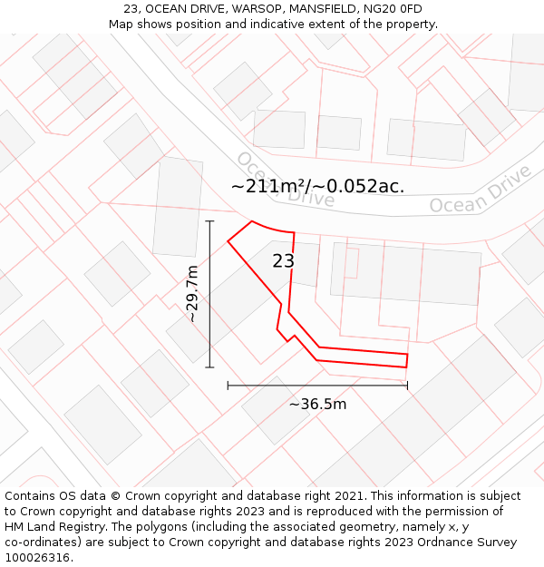 23, OCEAN DRIVE, WARSOP, MANSFIELD, NG20 0FD: Plot and title map