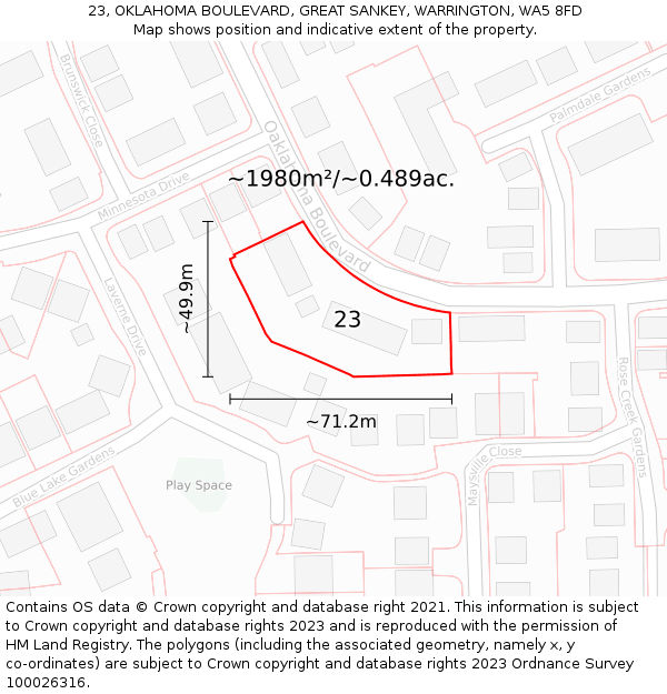 23, OKLAHOMA BOULEVARD, GREAT SANKEY, WARRINGTON, WA5 8FD: Plot and title map