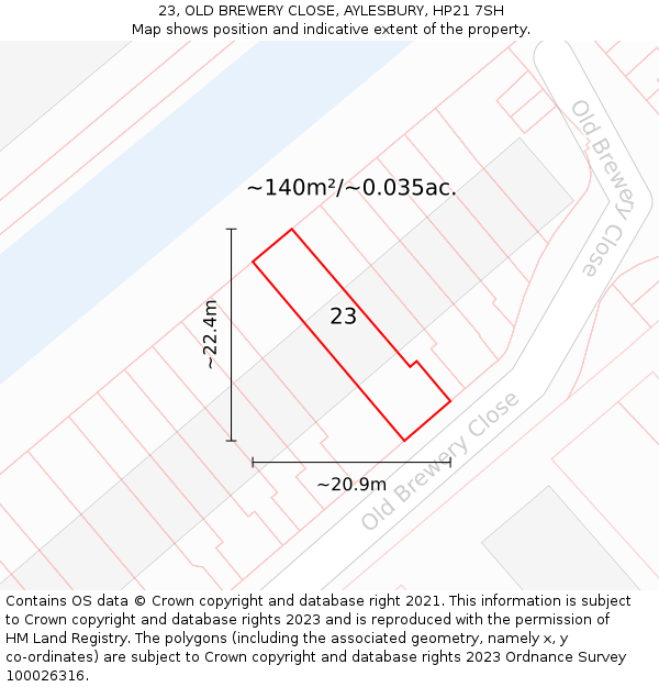23, OLD BREWERY CLOSE, AYLESBURY, HP21 7SH: Plot and title map