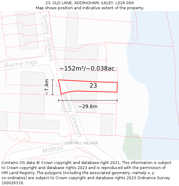 23, OLD LANE, ADDINGHAM, ILKLEY, LS29 0SA: Plot and title map